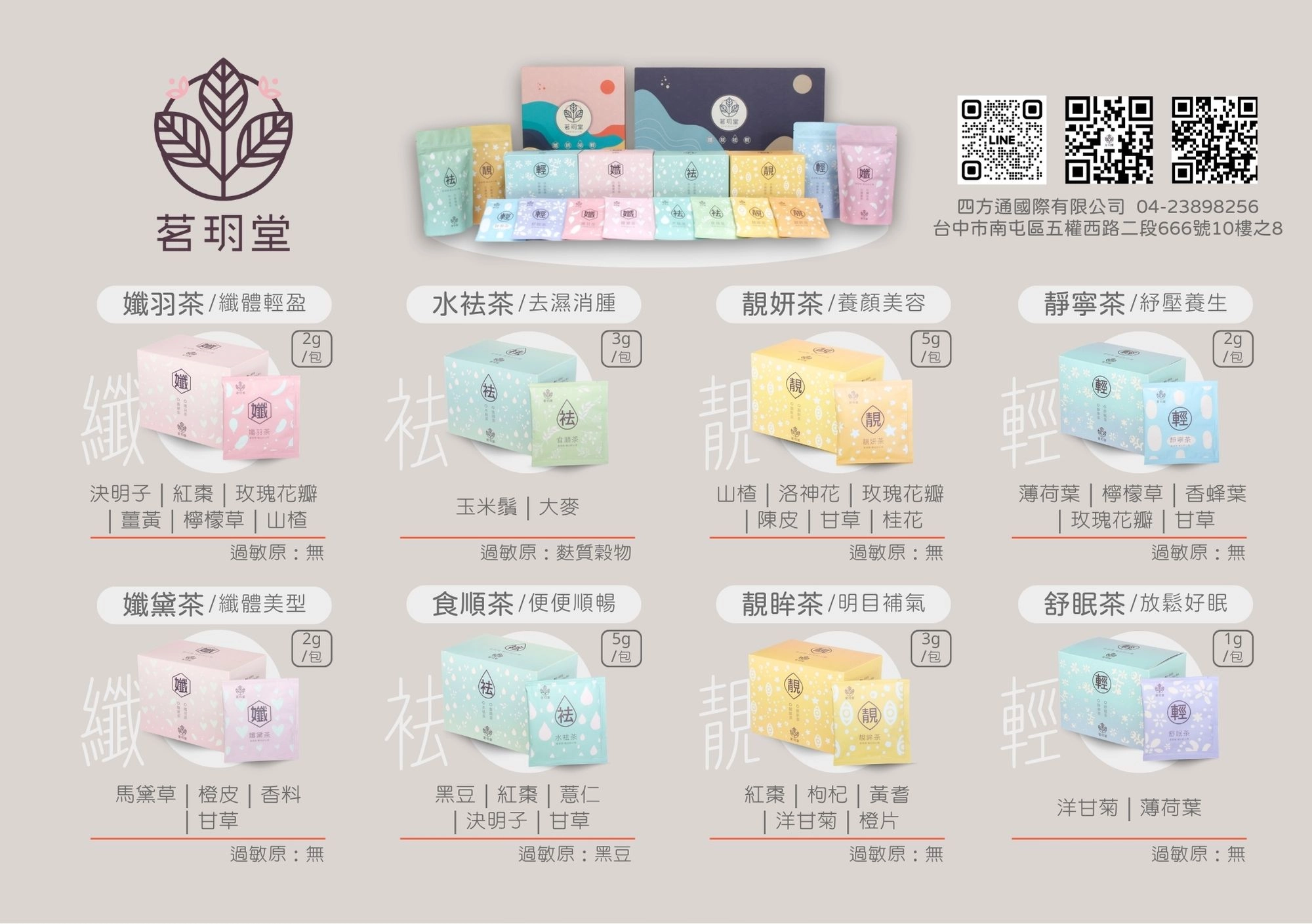 茗玥堂茶包總覽，可以清楚看見8種產品圖及適用對象、成份