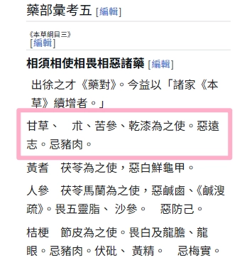 本草綱目文獻截圖用以證明甘草與豬肉不能同食